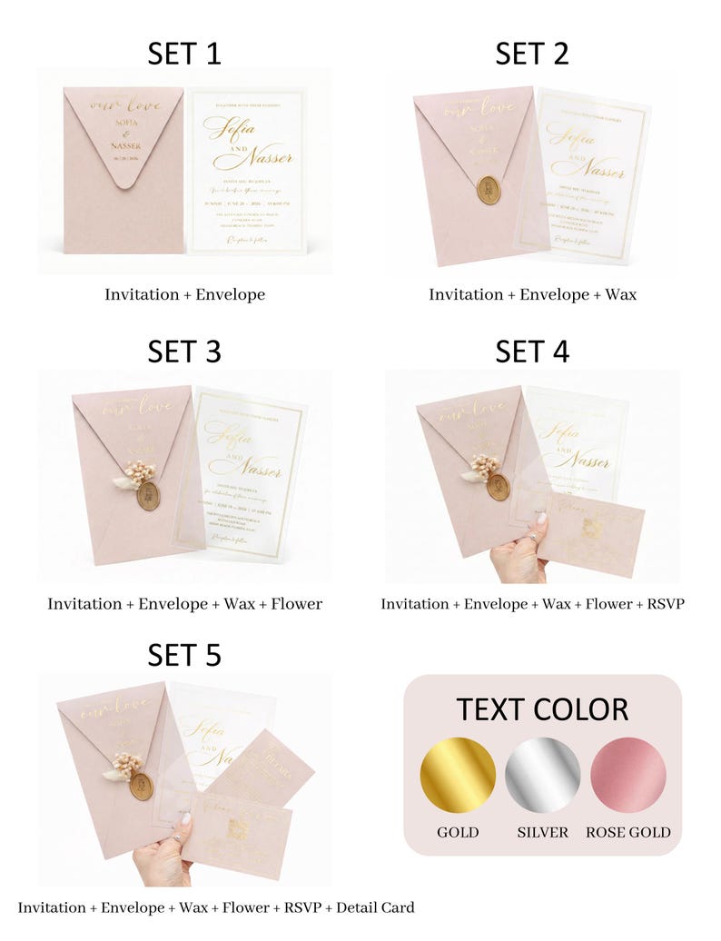 Puede incluir: Una colecci&oacute;n de juegos de invitaciones de boda. Cada juego incluye un sobre rosa rubor con texto dorado y una tarjeta de invitaci&oacute;n a juego. Algunos juegos incluyen sellos de cera, flores, tarjetas RSVP y tarjetas de detalles. Las opciones de color del texto son oro, plata y oro rosa.