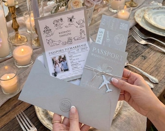 Silver Passport Wedding Invitation with Photo, Destination Wedding Invite