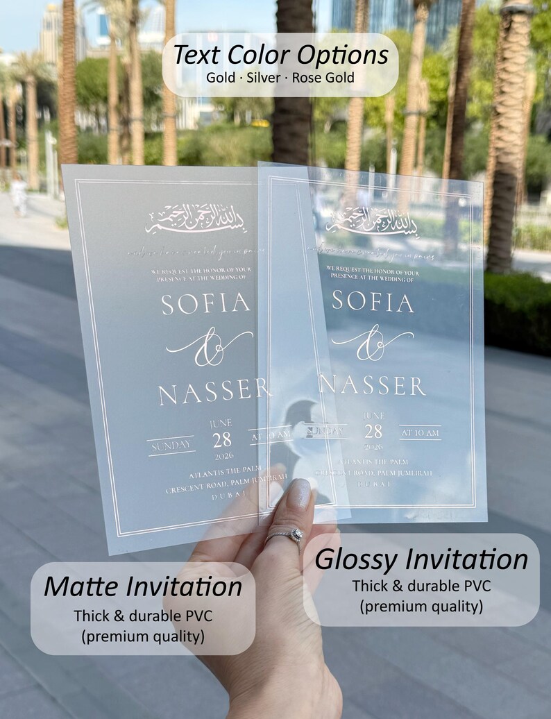 Puede incluir: Dos invitaciones de boda, una mate y otra brillante, con los nombres "Sofia" y "Nasser" en escritura elegante. Las invitaciones incluyen la fecha "28 de junio de 2026" y la ubicaci&oacute;n "Atlantis The Palm, Dub&aacute;i". Opciones de color de texto: oro, plata y oro rosa.
