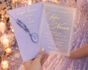 Invitación de boda lila, conjunto de flores secas de lavanda a medida