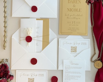 Conjunto de convites de casamento luxuosos em branco e dourado com espelho.