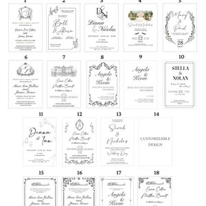 Puede incluir: Una colecci&oacute;n de muestras de dise&ntilde;os de invitaciones de boda en blanco y negro. Los dise&ntilde;os presentan varias fuentes, bordes decorativos y elementos florales. Algunos incluyen nombres y fechas, mientras que otros tienen &aacute;reas de texto personalizables.