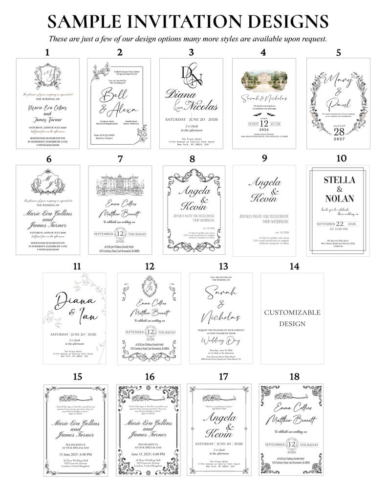 Puede incluir: Una colecci&oacute;n de muestras de dise&ntilde;os de invitaciones de boda en blanco y negro. Los dise&ntilde;os presentan varias fuentes, bordes decorativos y elementos florales. Algunos incluyen nombres y fechas, mientras que otros tienen &aacute;reas de texto personalizables.