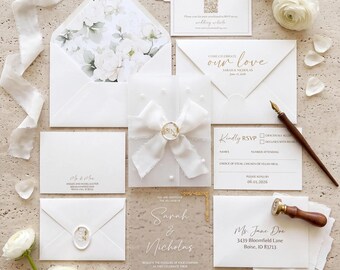 Pearl Acrylic Wedding Invitation Suite, Luxury Vellum Wrap Wedding Invite