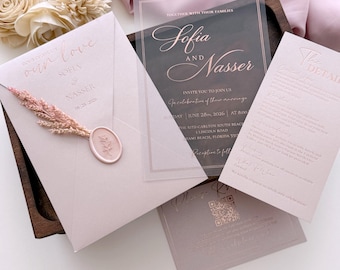 Invitación de boda acrílica rosa ruborizada / Invitación artística con lámina de oro rosa