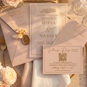 Juego de invitaciones de boda en verde salvia, invitación para la ceremonia musulmana Nikah, caligrafía árabe, papelería de lujo. imagen 13