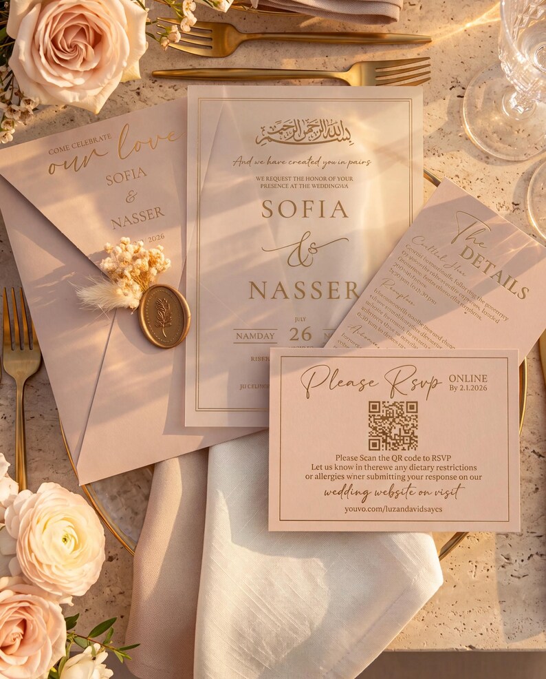 Juego de invitaciones de boda en verde salvia, invitación para la ceremonia musulmana Nikah, caligrafía árabe, papelería de lujo. imagen 13