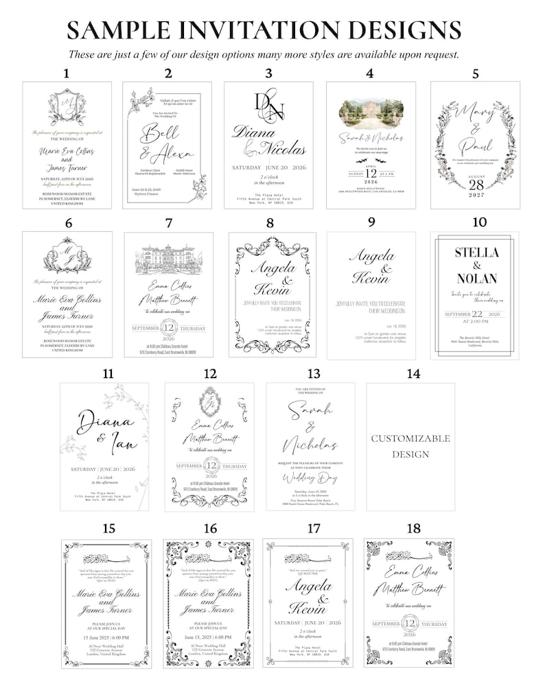 May include: A collection of wedding invitation design samples in black and white. The designs feature various fonts, decorative borders, and floral elements. Each invitation includes names, dates, and locations, with the text "SAMPLE INVITATION DESIGNS" at the top.