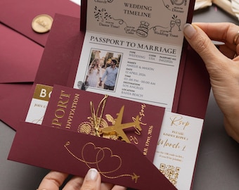 Burgundy and Gold Passport Wedding Invitation Suite, Destination Travel Theme