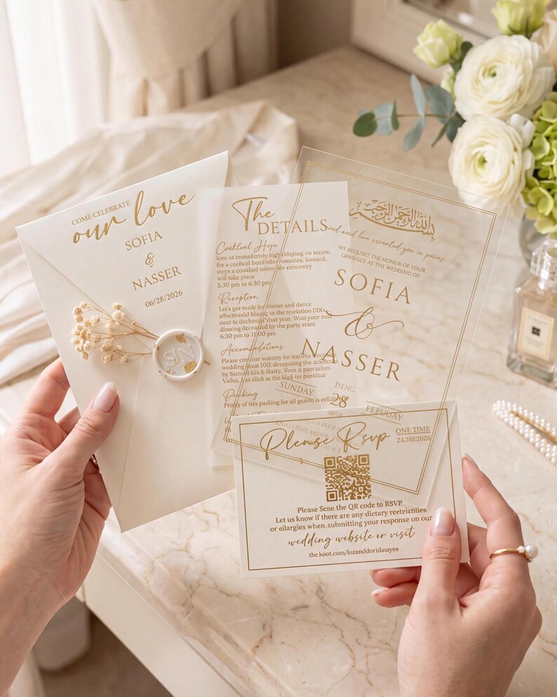 Juego de invitaciones de boda en verde salvia, invitación para la ceremonia musulmana Nikah, caligrafía árabe, papelería de lujo. imagen 8