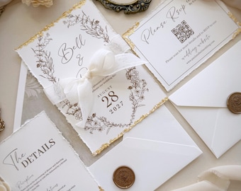 Elegant Fine Art Wedding Invitation Suite, Gold Deckle Edge Invite