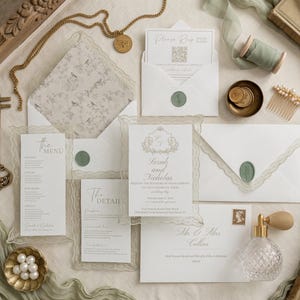 Sage Green Lace Wedding Invitation Suite, Romantic Vintage Stationery