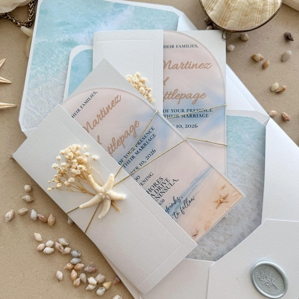 Beach Wedding Invitation Suite, Coastal Acrylic Invite, Destination Seaside Stationery