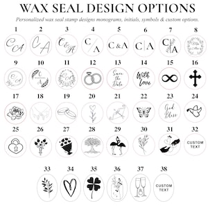 May include: A collection of wax seal design options, featuring monograms, initials, symbols, and custom text. Designs include wedding rings, hearts, flowers, and other decorative elements. The image is a catalog of potential designs.