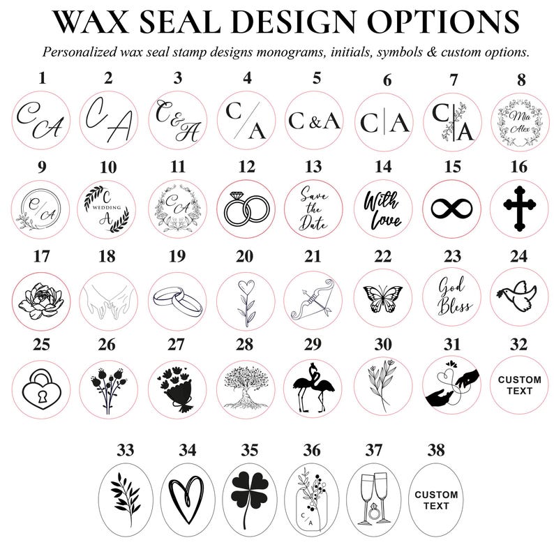 May include: A collection of wax seal design options, featuring monograms, initials, symbols, and custom text. Designs include wedding rings, hearts, flowers, and other decorative elements. The image is a catalog of potential designs.