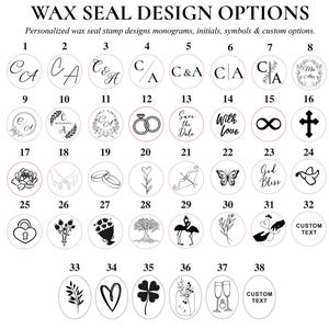 Puede incluir: Una colecci&oacute;n de opciones de dise&ntilde;o de sellos de cera, con monogramas, iniciales, s&iacute;mbolos y texto personalizado. Los dise&ntilde;os incluyen anillos de boda, corazones, flores y otros elementos decorativos. La imagen es un cat&aacute;logo de sellos.