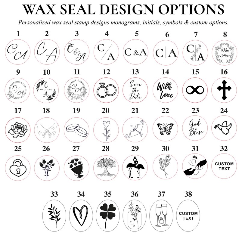 Puede incluir: Una colecci&oacute;n de opciones de dise&ntilde;o de sellos de cera, con monogramas, iniciales, s&iacute;mbolos y texto personalizado. Los dise&ntilde;os incluyen anillos de boda, corazones, flores y otros elementos decorativos. La imagen es un cat&aacute;logo de sellos.