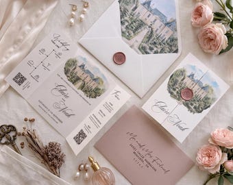 Custom Wedding Garden Floral Watercolor Venue Invitation Suite, Rustic Invite