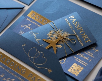 Royal Blue Passport Wedding Invitation Suite, Luxury Travel Destination Wedding Invite