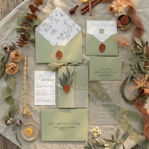 Olijftak trouwkaartsuite, saliegroene botanische bruiloftsuitnodiging met lakzegel