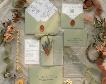 Olive Branch Wedding Invitation Suite, Sage Green Botanical Wedding Invite with Wax Seal