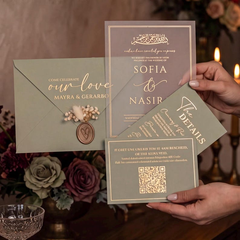 Juego de invitaciones de boda en verde salvia, invitación para la ceremonia musulmana Nikah, caligrafía árabe, papelería de lujo. imagen 3