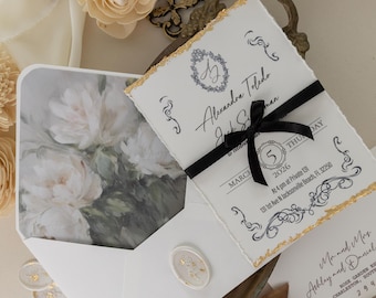 Handmade Deckle Edge Wedding Invitation Suite with Gold Leaf, Fine Art Wedding Invite