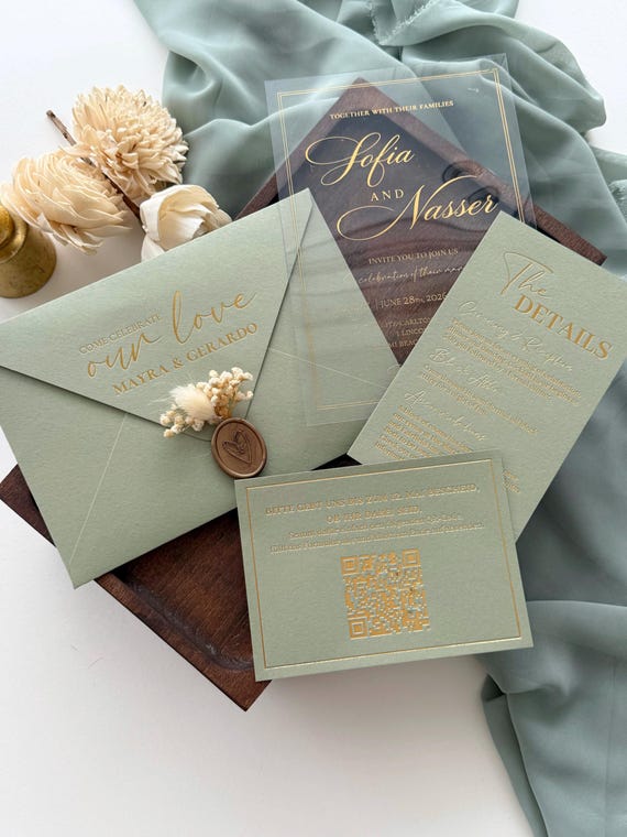 Sage Green Acrylic Wedding Invitation Suite | Transparent Gold Foil Invite, Boho Wedding Stationery