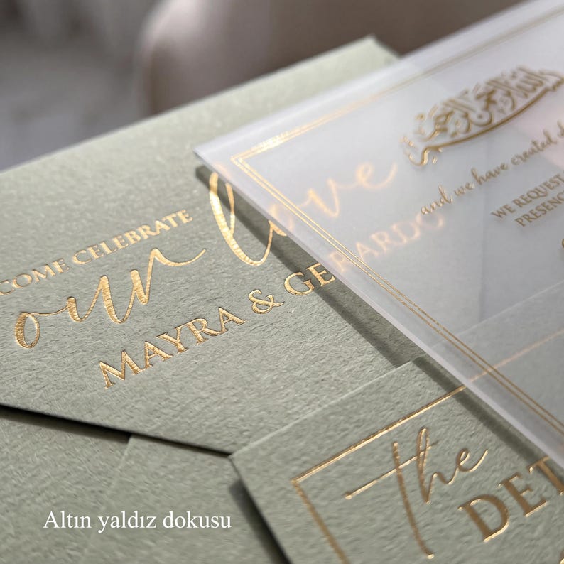 Juego de invitaciones de boda en verde salvia, invitación para la ceremonia musulmana Nikah, caligrafía árabe, papelería de lujo. imagen 2