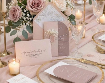 Luxury Acrylic Mirror Wedding Invitations, Blush Pink Floral Design, Modern Romantic Stationery