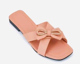 Sandalias planas elegantes con lazo color melocotón / Sandalias planas de verano con punta abierta