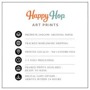 May include: A white informational graphic with the orange and teal text Happy Hop ART PRINTS at the top. Below are six black circular icons with white symbols representing paper, a globe, a location pin, a clock, a frame, and a download arrow.