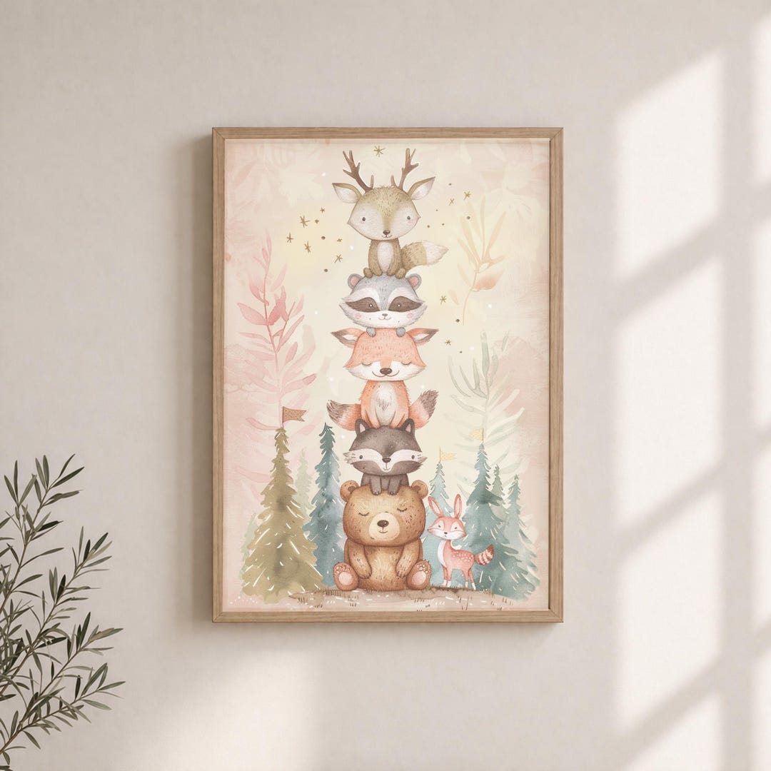 Papper Stack Animals Woodland Animal Stack Nursery Wall Art | Cute Forest Animals Print ...
