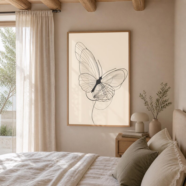 Minimalist Butterfly Line Art Print, Abstract Boho Wall Art, Neutral Decor image 12