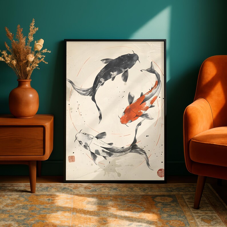 Koi Fish Yin Yang Wall Art, Japanese Koi Print, Japandi Decor, Zen ...