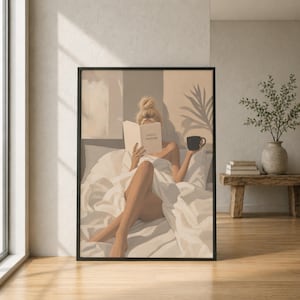 Pode incluir: Impressão artística emoldurada retratando uma pessoa na cama lendo um livro com o texto "DON'T DISTURB" e segurando uma caneca preta. A obra de arte apresenta tons neutros e um estilo minimalista, ideal para a decoração do quarto.