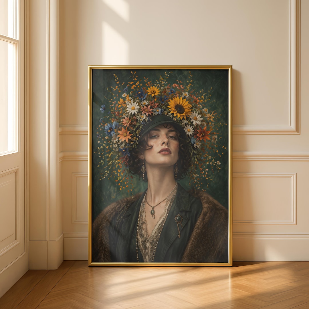 Vintage Floral Woman Portrait Print | Botanical Crown Art | Elegant ...