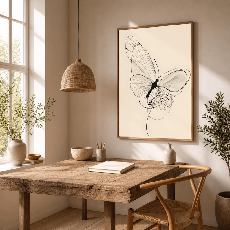 May include: A framed wall art print featuring a black line drawing of a butterfly on a cream-colored background. The butterfly illustration consists of delicate, overlapping lines that form the wings and body, displayed in a simple wooden frame.