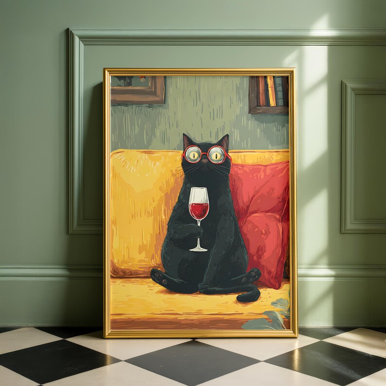 Funny Black Cat Wine Art Print | Cute Cat With Glass Poster | Wine ...