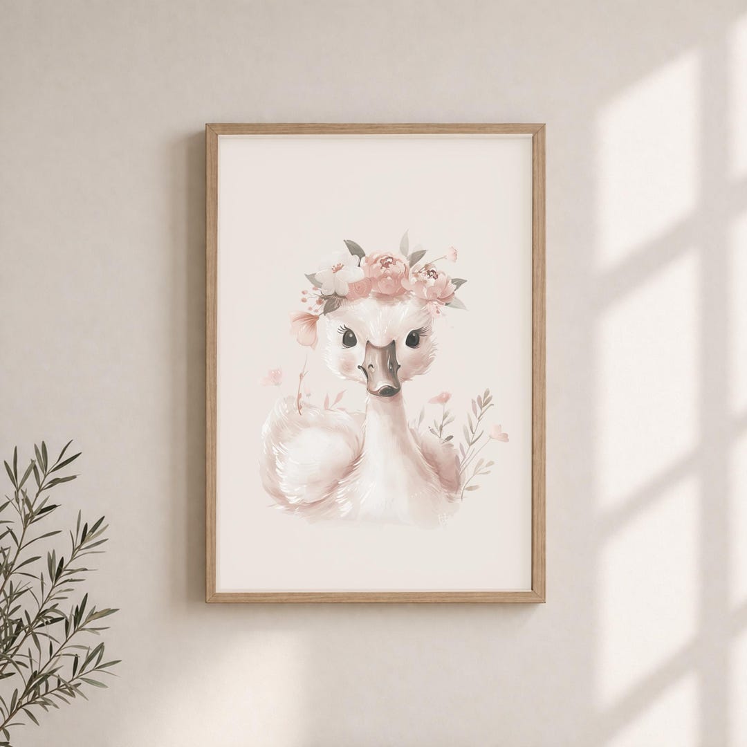 Swan Nursery Wall Art Print | Baby Swan With Floral Crown | Pink ...