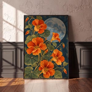 May include: A rectangular wall art print featuring vibrant orange nasturtium flowers with green leaves set against a dark blue background with a large, pale, full moon visible in the upper right corner of the composition.