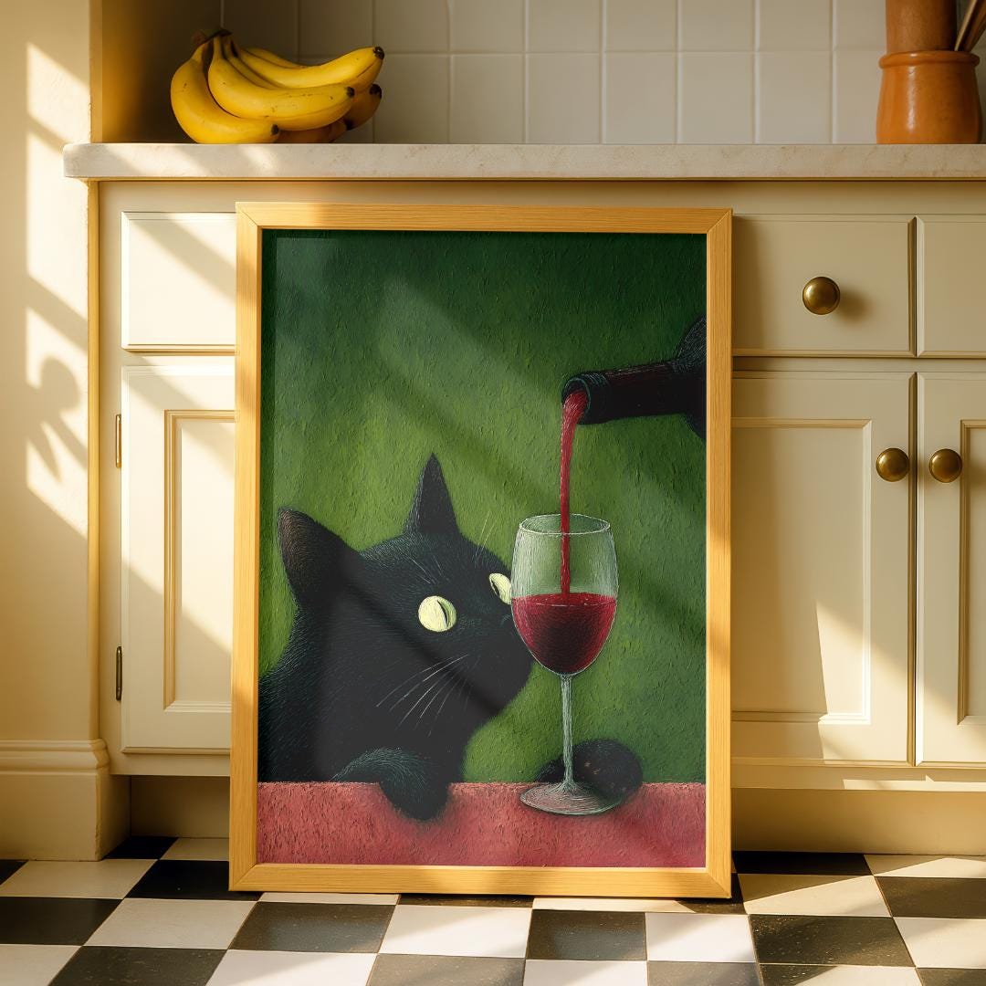 Black Cat Wine Art Print | Funny Cat Wall Art | Wine Lover Gift ...