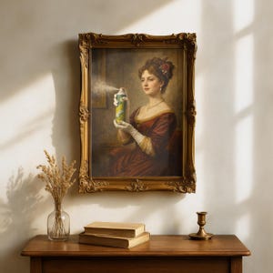 Pode incluir: Uma pintura a óleo emoldurada retratando uma pessoa com um vestido vermelho escuro e luvas brancas segurando uma lata de spray que emite uma névoa. A pessoa usa um colar de pérolas e uma flor vermelha no cabelo. A moldura é dourada e retangular.