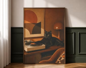 May include: A framed print featuring a black cat lounging on a vintage record player. The cat is the focal point, with a retro-style lamp and abstract art in the background. The color palette is warm, with browns and oranges.