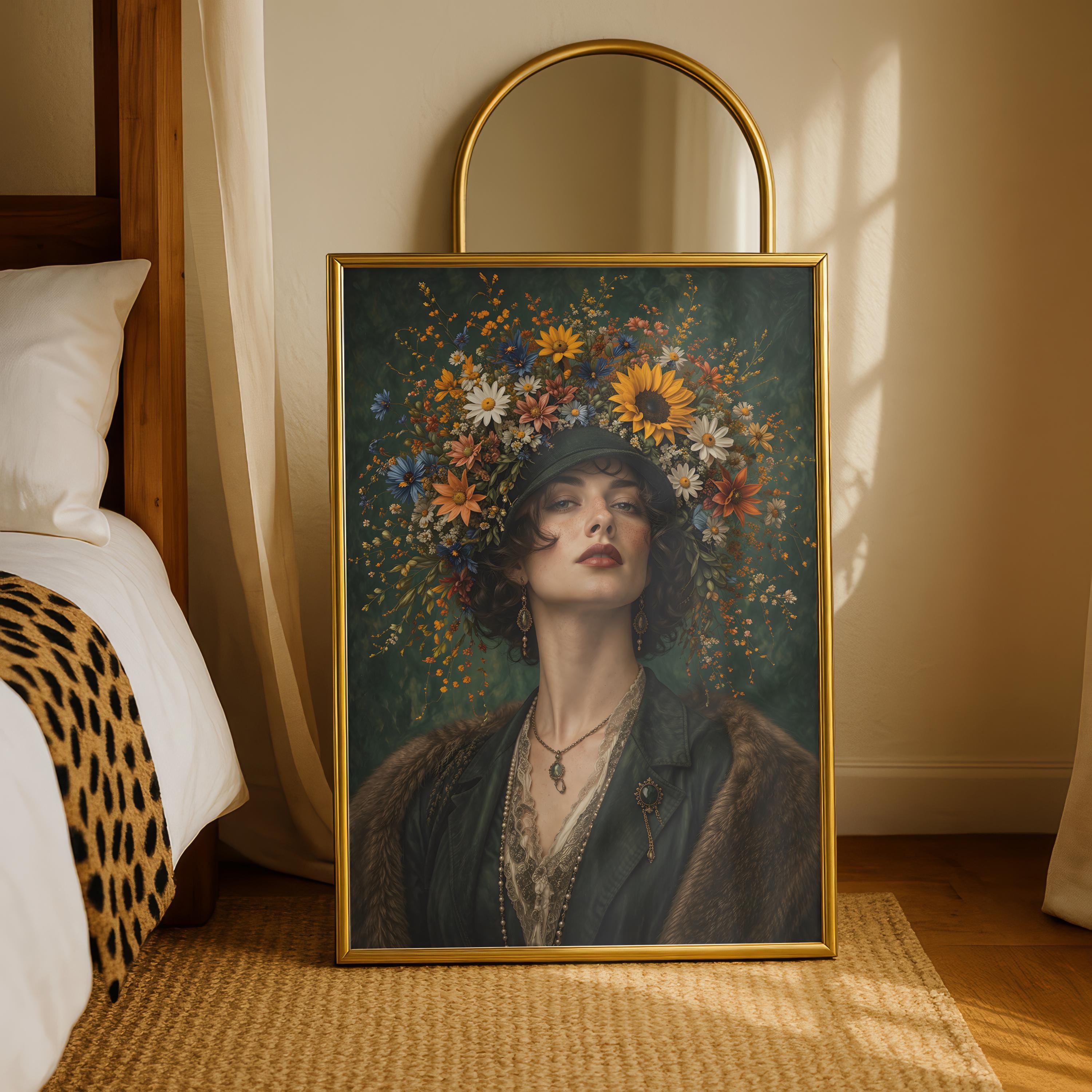 Vintage Floral Woman Portrait Print | Botanical Crown Art | Elegant ...
