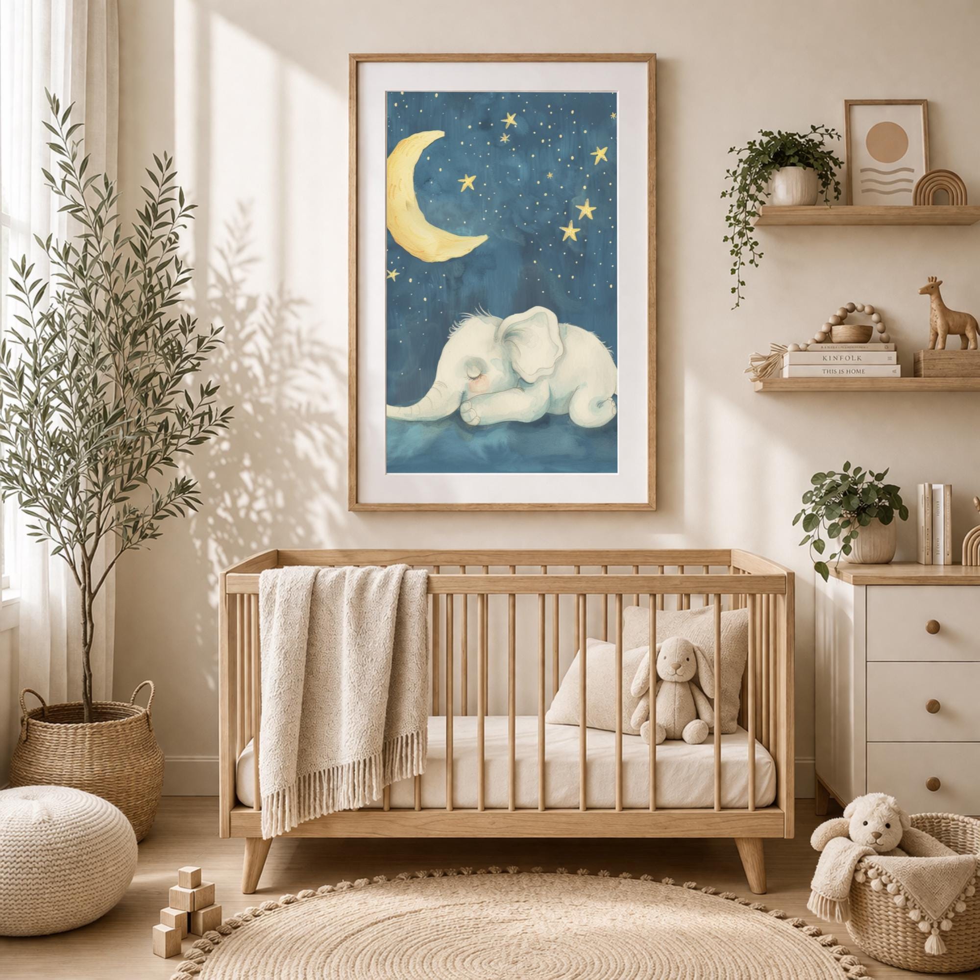 Sleeping Elephant Nursery Print | Baby Animal Wall Art | Moon and Stars ...