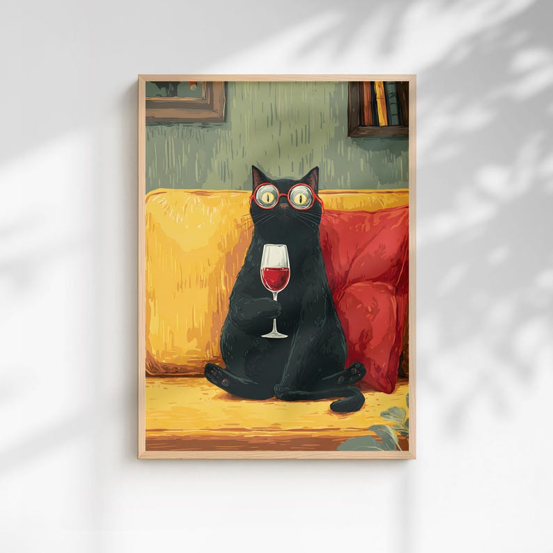 Funny Black Cat Wine Art Print | Cute Cat With Glass Poster | Wine ...