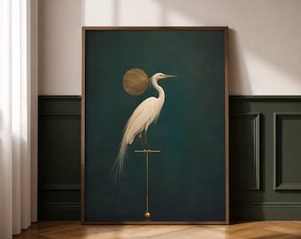 Ivory Egret on Midnight Emerald | Minimalist Bird Wall Art | Luxury Coastal Decor | Japanese Inspired Wildlife Print |