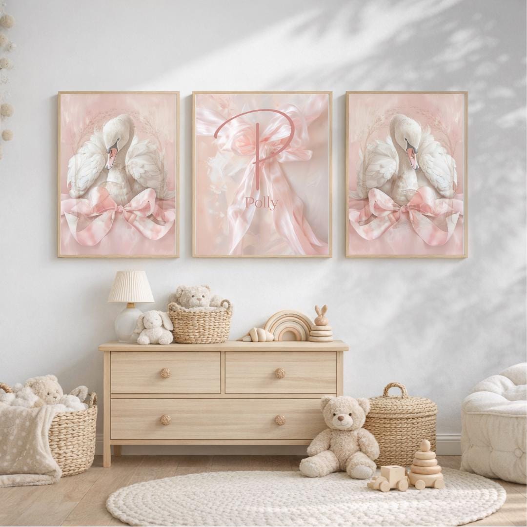 Custom Swan Nursery Prints Set of 3 | Personalised Baby Name Wall Art ...