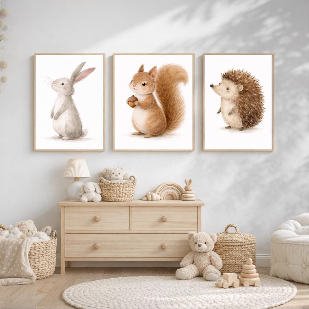 Cute Woodland Animals Nursery Prints Set of 3 | Neutral Baby Room Decor ...